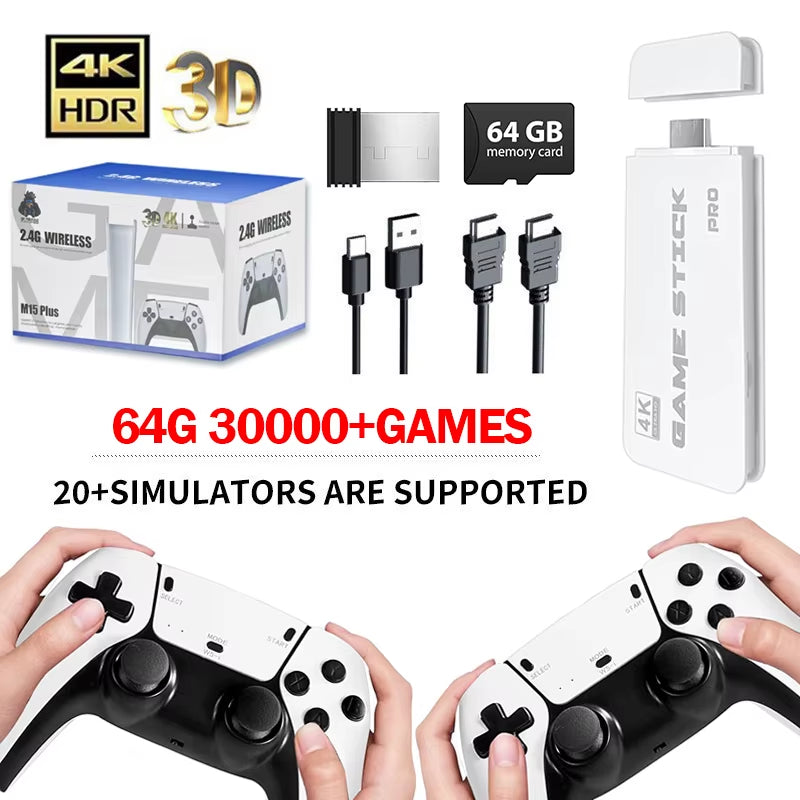 M15 4K TV Game Stick, 64GB Built-In 30000+ Retro Games Console with Wireless Gamepads, Supports 20+ Simulators for HD TV Gaming